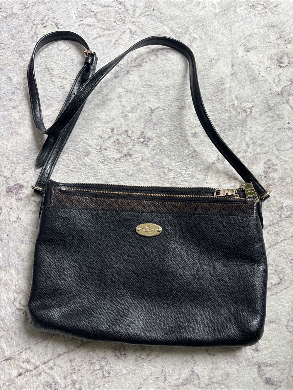 Coach Black Leather Shoulder Bag with Signature Brown Trim